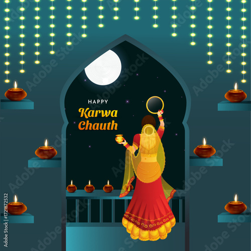 Karwa Chauth Married women Indian festival celebration Poster, Banner or greeting card design Vector Illustration.