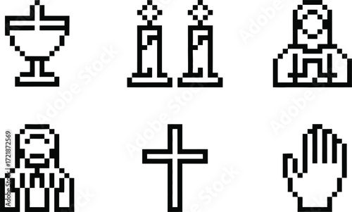 Collection of pixel art religious icons for christian faith and worship