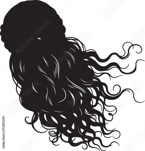 Silhouette of a person's head with long, flowing, curly hair blowing in the wind long hair