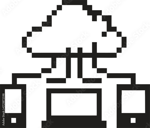 Pixel art cloud computing icon connecting devices