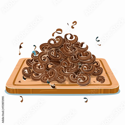 Pile of Dark Brown Wood Shavings on Wooden Cutting Board