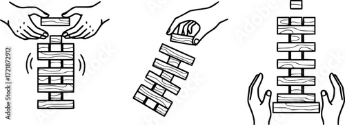 
Wood stack balances game icons set. Line icons representing hands building, balancing, and carefully removing blocks from a wooden tower structure