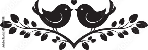 Two Silhouette Birds Kissing on a Heart Shaped Branch with Leaves love romance