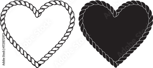 Two heart shapes one outlined with rope and one solid black vector illustration