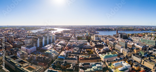 Photography Stockholm, Sweden, panoramic view of downtown, with the central station, the old town and the royal palace, bright sunshine