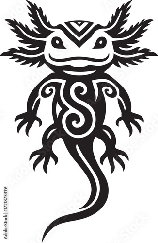Axolotl silhouette with tribal patterns design, Black salamander tribal vector art