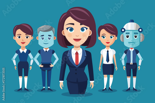 Business team featuring diverse characters in professional and futuristic attire on a blue background