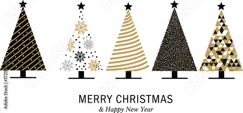 Christmas tree card design, modern holiday illustration, black gold white trees, festive greeting art, Merry Christmas message, New Year graphic