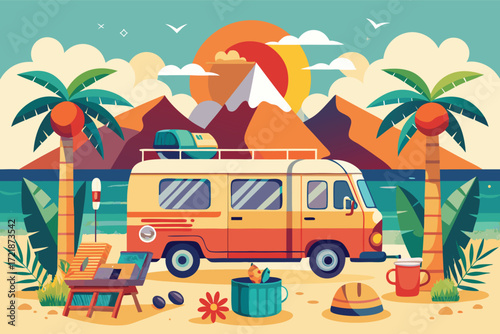 Colorful camper van parked on a tropical beach with mountains and sunshine in the background