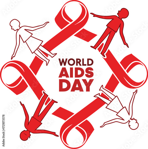 World aids day logo featuring people around a red ribbon, isolated on white background, promoting awareness and support for those affected