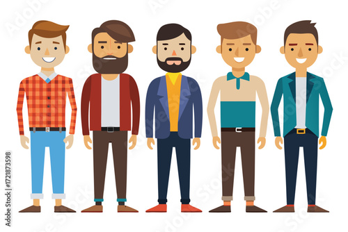 Group of stylish men showcasing diverse outfits in a cheerful manner at a casual gathering