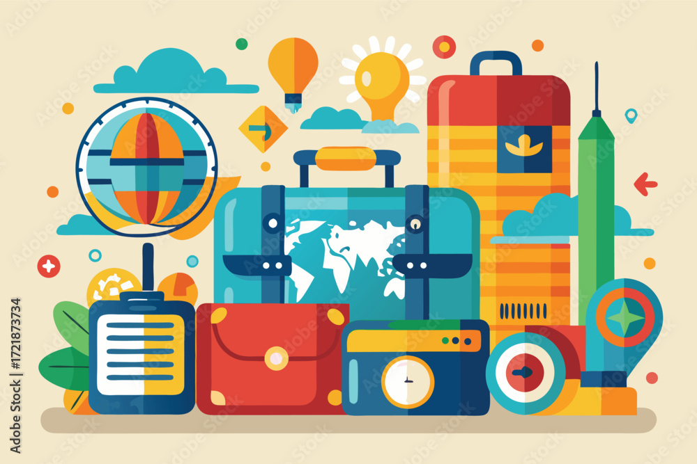 Fototapeta premium Travel essentials and gear illustrated with vibrant colors and fun design motifs