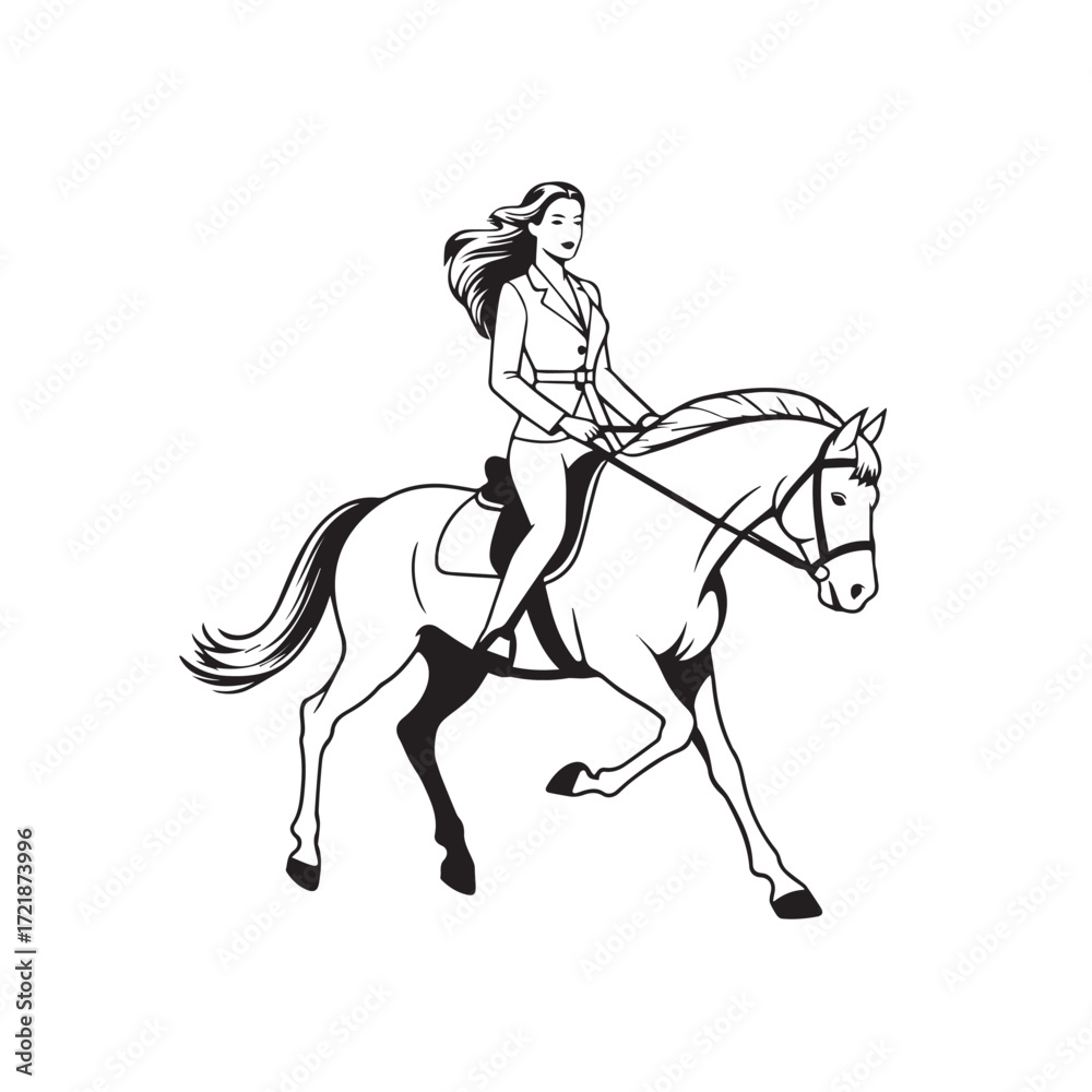 Obraz premium Black and white line art of a beautiful woman with perfect body riding horse elegant minimalist illustration