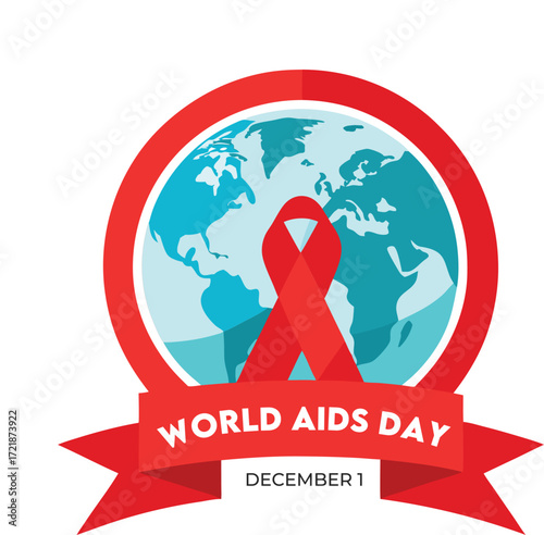 World aids day illustration with red ribbon and globe isolated on white background raising awareness and supporting people living with hiv