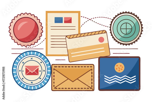 Creative collection of colorful stationery items, including envelopes, cards, and stamps for personal correspondence