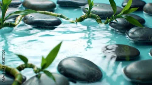 Tranquil scene of smooth stones, flowing water, and lush bamboo.