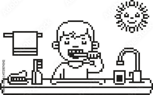 Child brushing teeth in bathroom with toothbrush and toothpaste