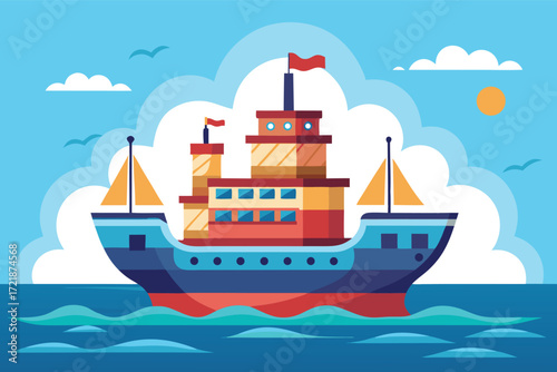 Vibrant cargo ship sailing on calm water under a clear blue sky with clouds and sun