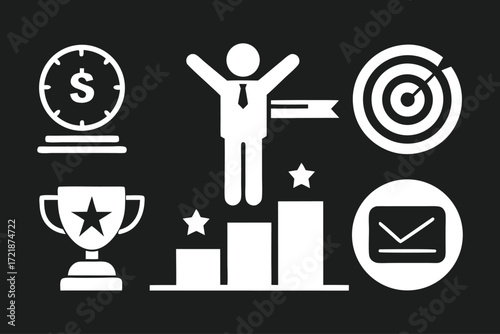 Business success symbols with figures of achievement and financial growth