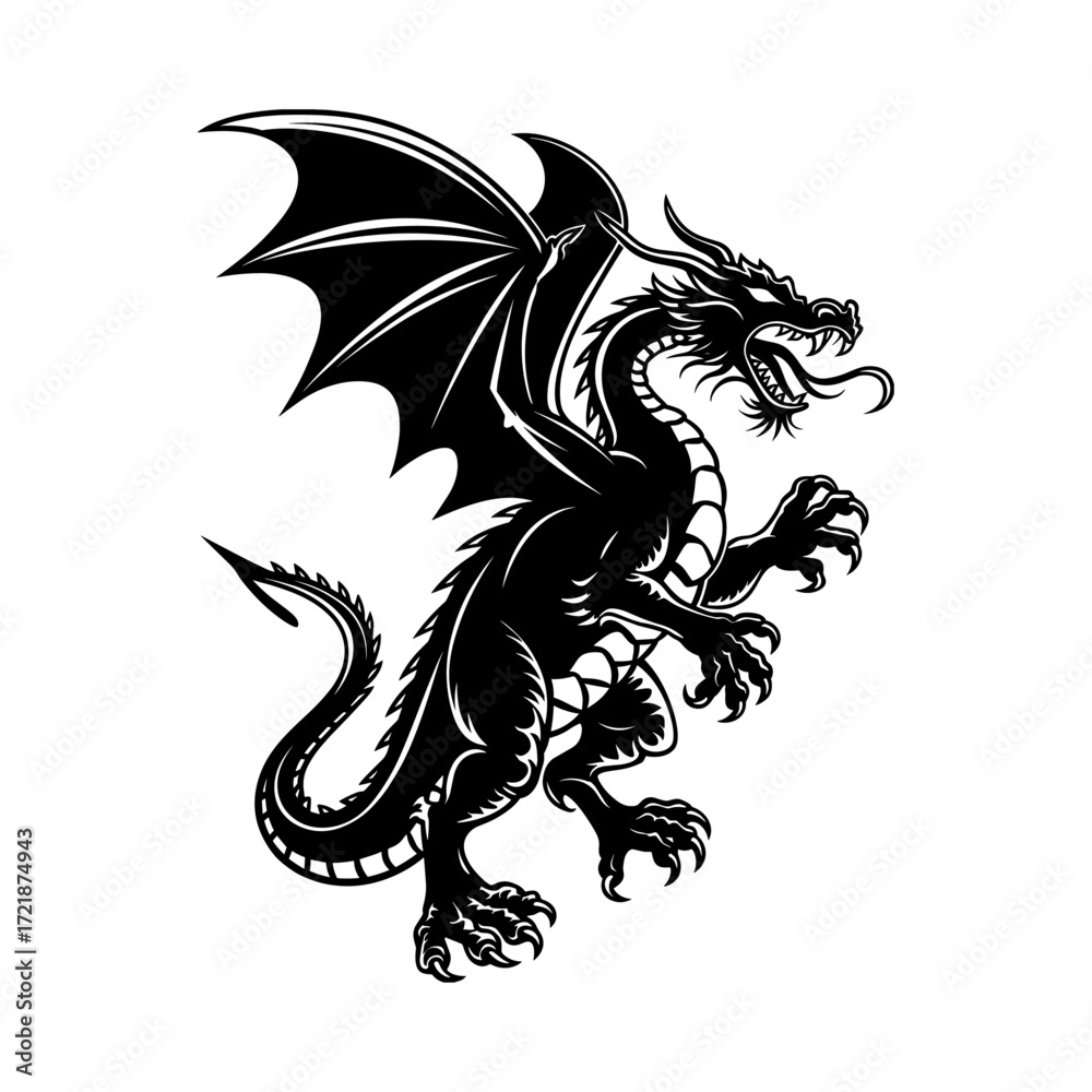 Naklejka premium A vector dragon black color silhouette with spiky wings and flaming breath and powerful vector illustration