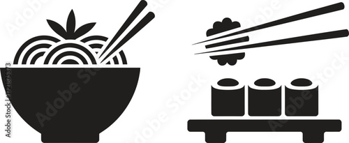 Simple black silhouette icons of ramen noodles and sushi