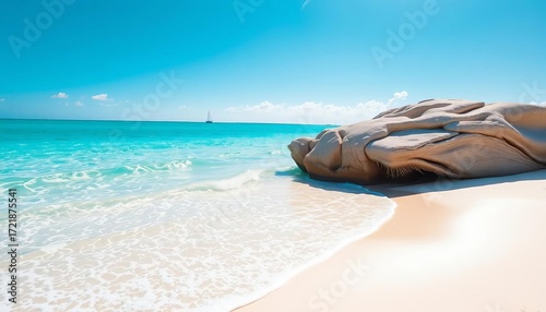 Gleaming white sand beach, turquoise water, sunny day,  summer,  bright