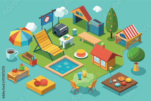 Vibrant outdoor scene with garden furniture, grill, and relaxing pool area in a whimsical style