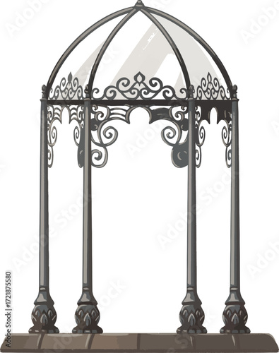 An ornate gazebo with a domed roof and decorative metalwork