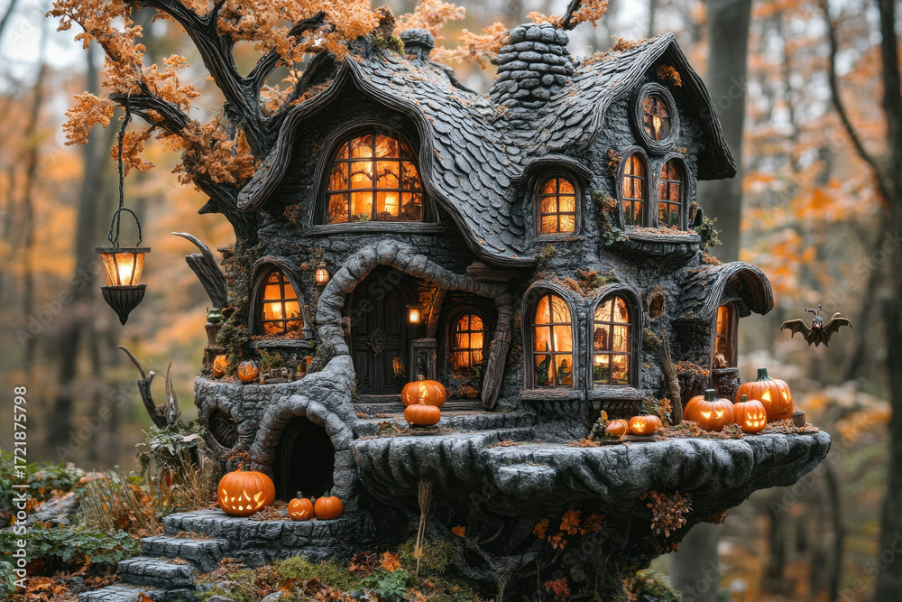 Fototapeta premium Pumpkins outside a spooky Halloween house surrounded by trees.