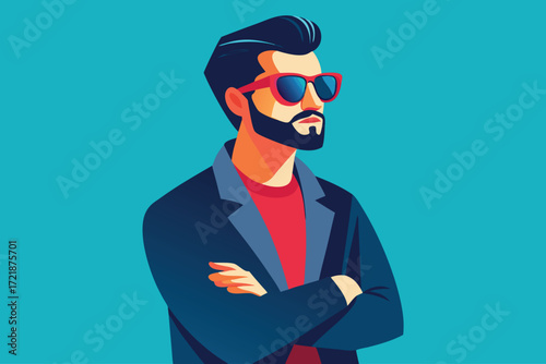 Stylish young man wearing sunglasses and a black jacket poses confidently against a bright blue background