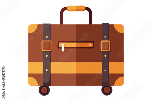Vintage style travel suitcase with wheels and leather straps ready for an adventure