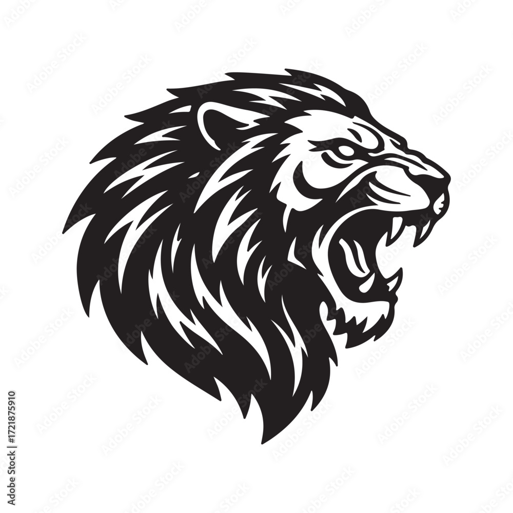 Fototapeta premium Roaring Lion Head Silhouette Fierce Expression, Bold Black and White Design