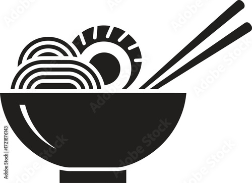 Simple black silhouette of a bowl of noodles with chopsticks