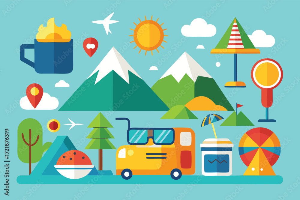 Naklejka premium Colorful summer camping scene with mountains, sunshine, and outdoor activities for family fun