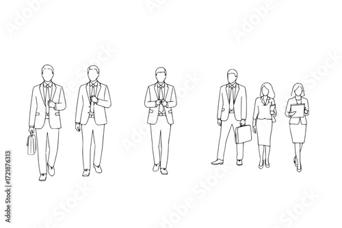 Business people line cad art. Vector illustration of business men and women standing walking talking working in front back and side view. Symbol for architecture and landscape design drawing. 