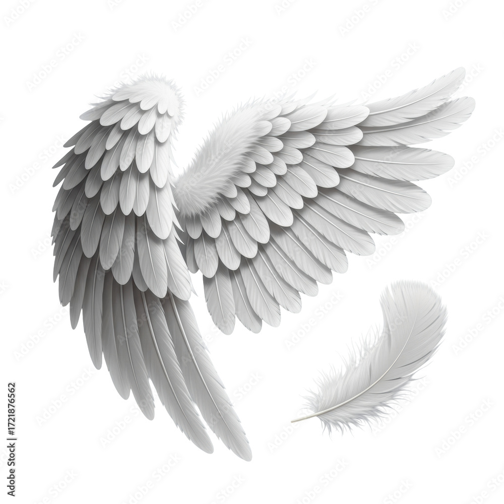 Obraz premium Elegant white angel wings with soft, layered feathers fanned open, a loose feather nearby, on a clean transparent background with bright lighting. Concept of purity and elegance