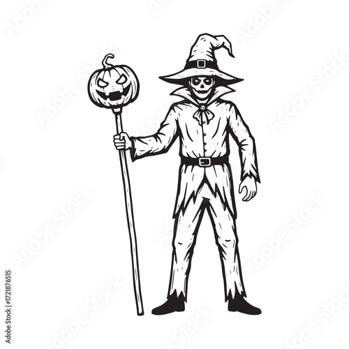 Skeleton Scarecrow Wizard With Pumpkin Staff Halloween Drawing