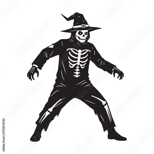 Skeleton man in witch hat and tattered costume Keywords: halloween, skeleton, man, witch hat