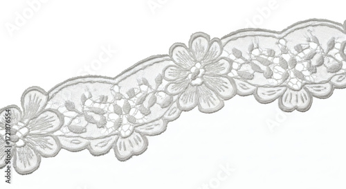 Elegant White Embroidered Floral Lace Trim with a Scalloped Edge, a Decorative Transparent Overlay for Craft and Design Projects