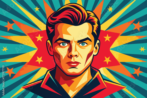 Bold retro illustration of a determined young man with striking blue eyes and vibrant background