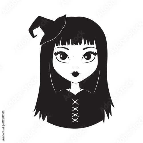 Stylized Witch Portrait With Dark Hair and Hat halloween