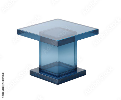 A modern blue acrylic side table with a square top and a square pedestal base, isolated on a transparent background, showcasing contemporary furniture design and minimalist aesthetics