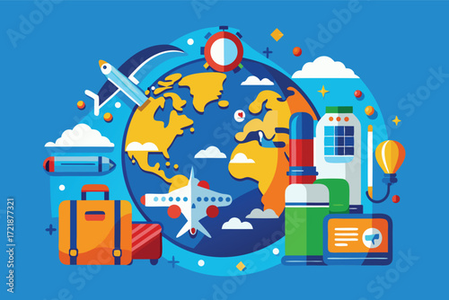 Travel essentials and activities illustrated on a colorful world map in a cheerful design