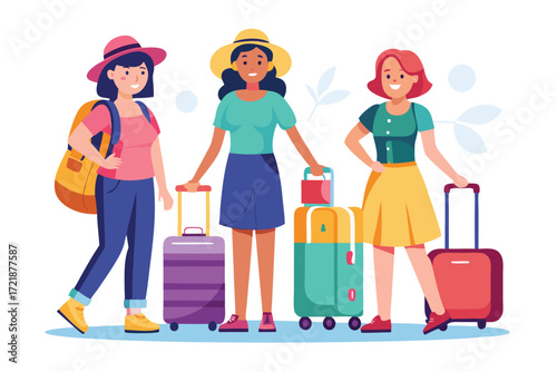 Three friends ready for summer travel adventures with colorful luggage in a cheerful setting