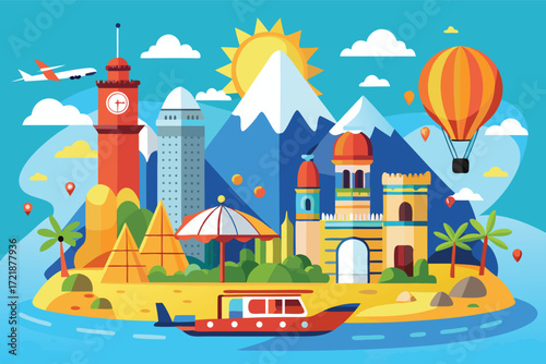Beautiful tropical island scene featuring mountains, hot air balloons, and colorful architecture in bright colors