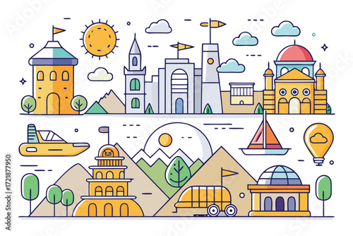 Colorful illustration of various landmarks and activities in a vibrant landscape setting with mountains and water