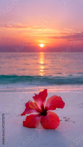 Wallpaper Mural Beautiful beach sunset with hibiscus flower in the foreground image Torontodigital.ca