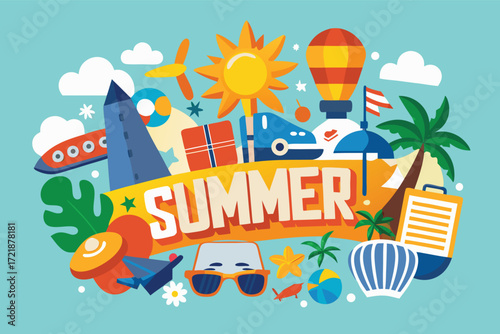 Colorful summer illustration with travel elements, sunshine, and tropical vibes