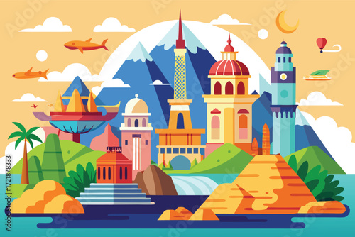 Landmarks and natural beauty create a colorful landscape of famous attractions around the world