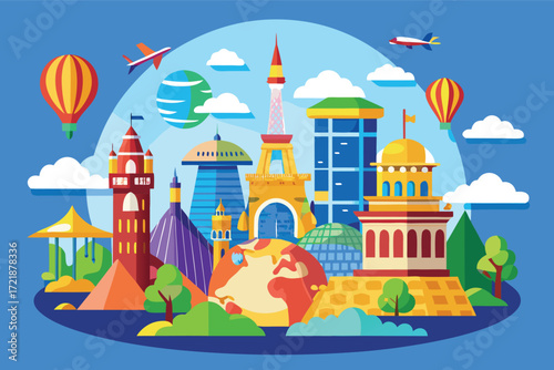 Colorful illustration of famous landmarks and global icons in a vibrant landscape